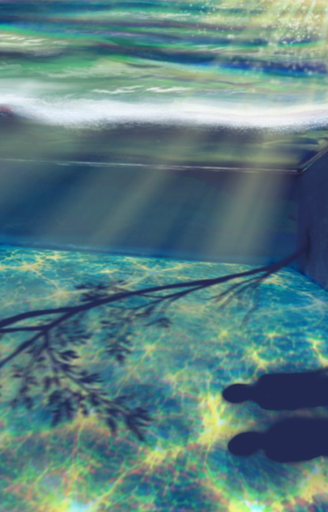 Cover art for Locutions: light through water onto a glowing floor, with a branch's shadow and two people's shadows